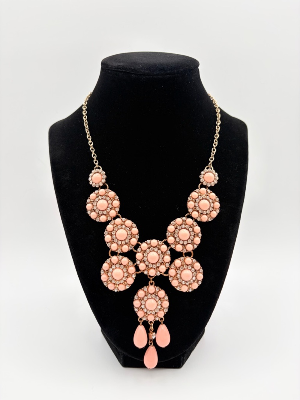 Coral Peach Floral Statement Necklace Rhinestone Cluster Bib Necklace